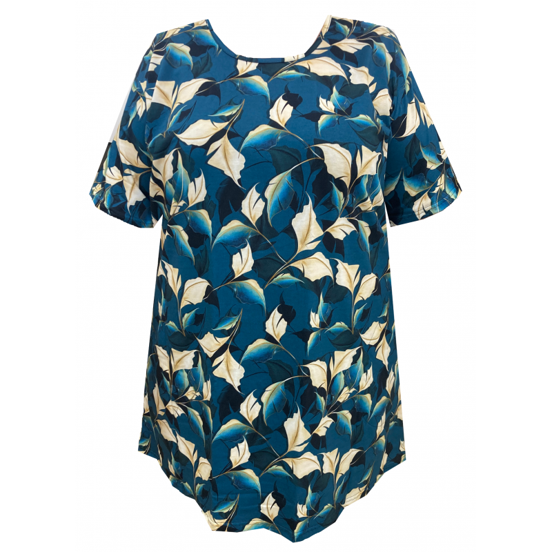 Tunika bavlněná s kapsami / maxitriko (petrol listy)- v nadměrné velikosti