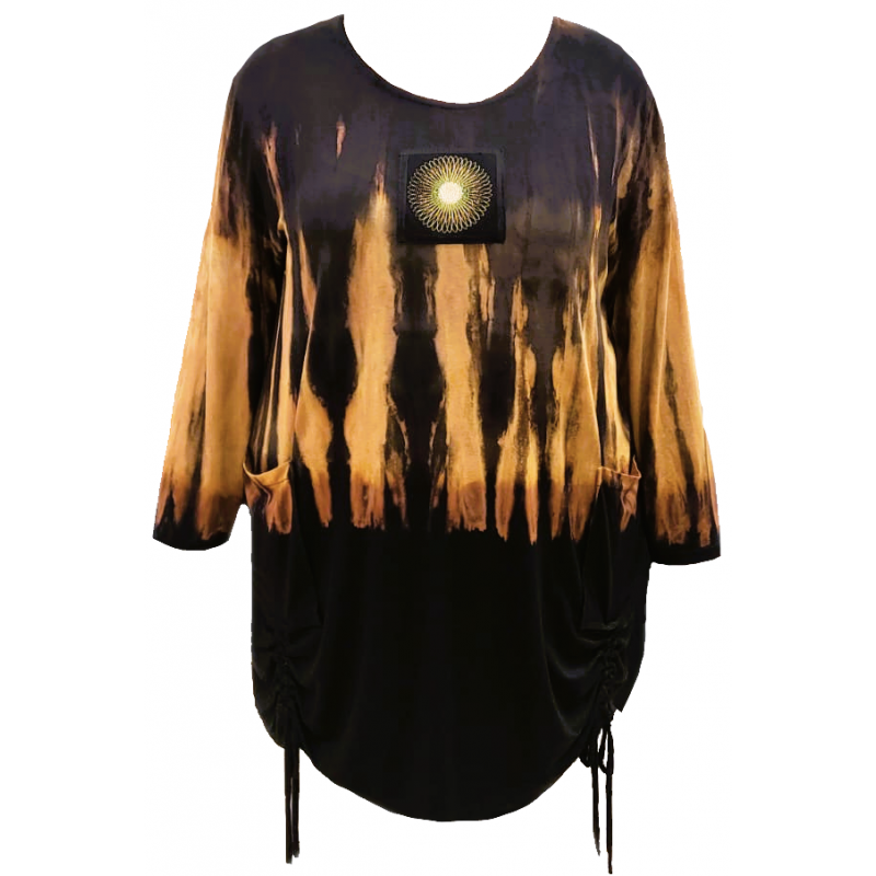 Tunika s dlouhým rukávem Batika hnědá (originální ruční práce)  - v nadměrné velikosti